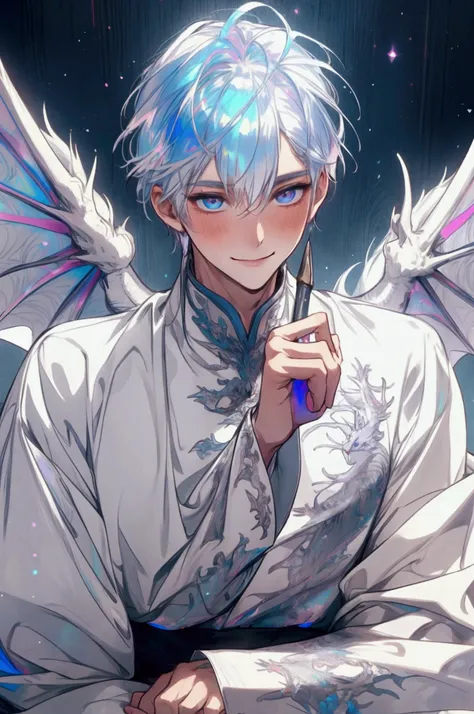 (8k,  best quality, masterpiece : 1.2),  super high resolution with two hands,  Man in his early 20s ,  white hair, White eyes,  Lying in bed , (( iridescent  : 1.2 )),  close-up , White Dragon Horn ,  Little White Dragon Wings , Eye smile, smile, Deep blu...