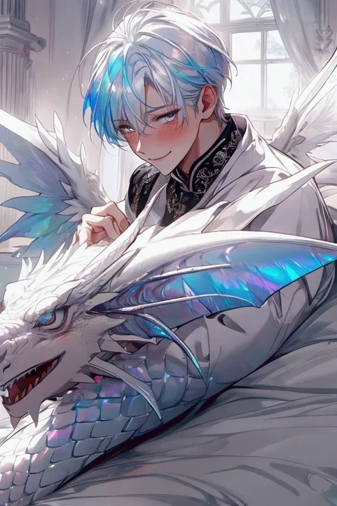 (8k,  best quality, masterpiece : 1.2),  super high resolution with two hands,  Man in his early 20s ,  white hair, White eyes,  Lying in bed , (( iridescent  : 1.2 )),  close-up , White Dragon Horn ,  Little White Dragon Wings , Eye smile, smile, Deep blu...