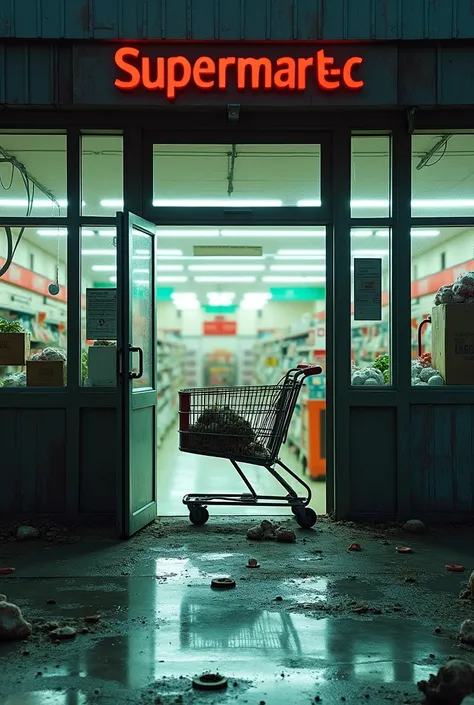 Imagen realista supermercado destroyed en la puerta tapado con carrito de mercado en la tarde filtro de película letrero del super mercadoD1, destroyed