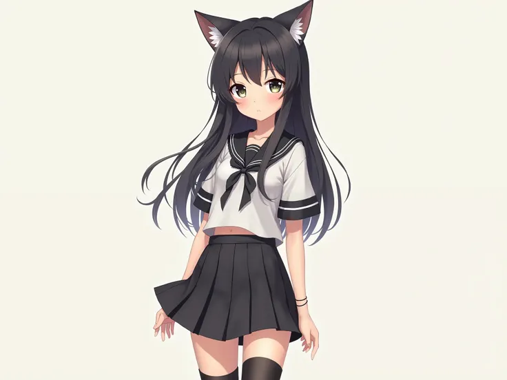 Fake Girl Black Skirt Cat Girl Black Knee Socks Cat Ears Full Body Photo JK 4K Very Detailed