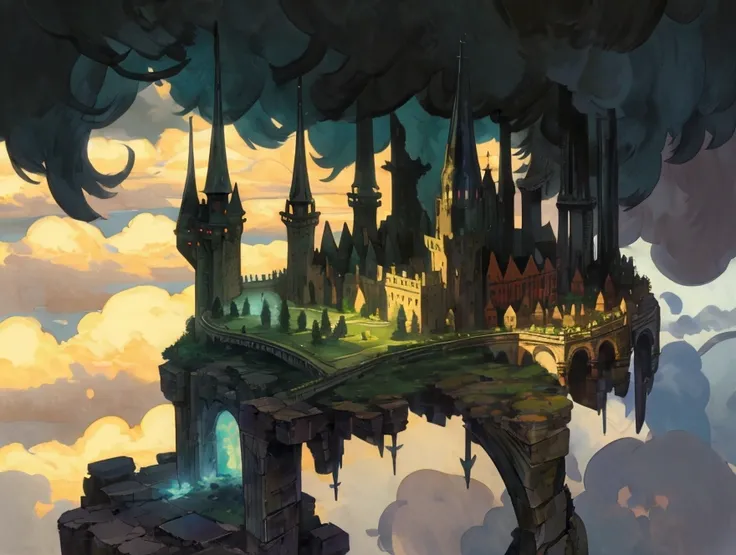  The last magical castle, towering on a sharp cliff, surrounded by thick fog. The castle is made in the Gothic style with strong spires, gloomy towers and glowing windows emitting a mysterious glow. Around the cliff swirls a fog in which the silhouettes of...