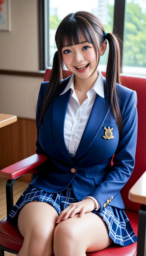 (highest quality), (best quality), (Super detailed), (Photorealistic:1.2), High resolution, 8K, perfect composition,(high detail), beautiful lighting, (1 japanese beautiful idol:1.2), detailed eyes,(wearing a Navy blue single-breasted blazer over a White c...