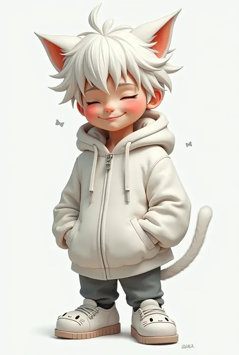 realistic: man with white hoodie cause-black torn white hair with white cats ear white shoes with happy face 