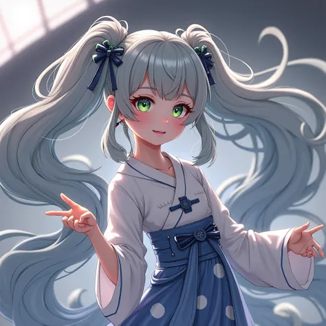 A young girl，Eight-shaped bun ， gray hair，Green pupil color， hair accessories include jasper，Chinese knot at the waist， blue and white pattern skirt 