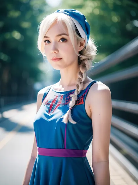  Elsa of Arendale, wearing Spider-Gwen Dress , Spider-Gwen Dress ,  Elsa of Arendale,  Ice Blue Dress , Single braid ,  Ice Headband  , Fucked