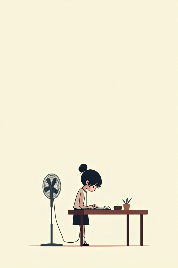 Draw a 2d stickman back of girl on the study table and she is studying and she has a standing fan in front of her