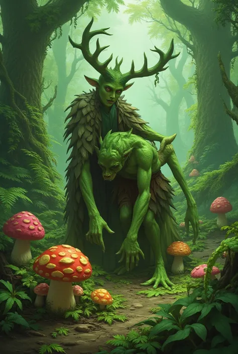 A green man on a fantasy woodland, looking for colorful rare mushrooms