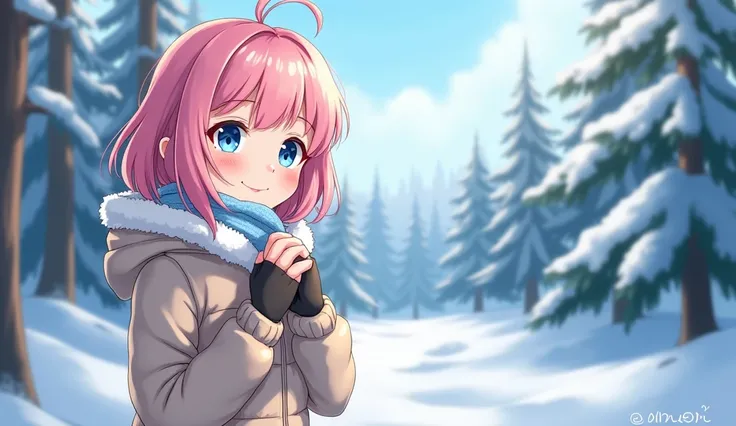  high quality image . Anime style.  Young anime girl with pink hair,  in winter clothes .  there is a sweet Russian Snow Maiden with blue eyes standing against the background of a winter forest . Forest in snow , snow on trees .