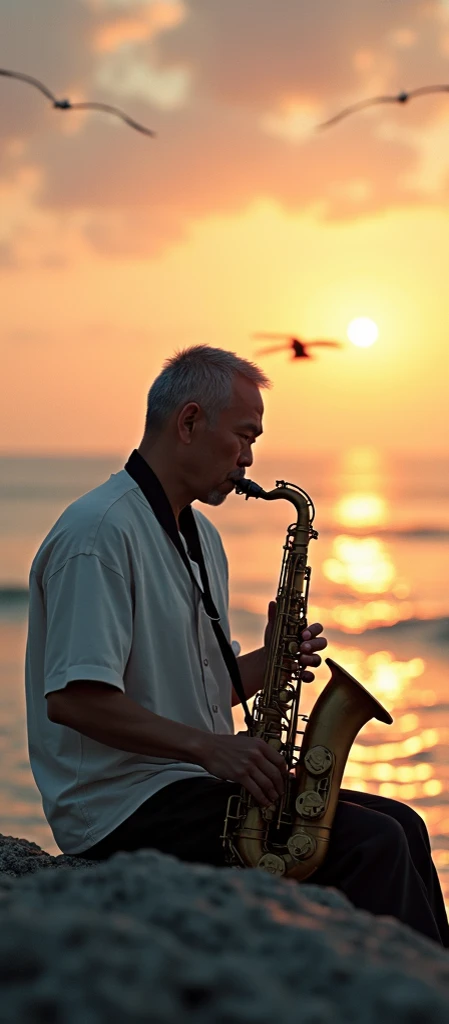 Asian man playing saxophone in rear view on the seashore