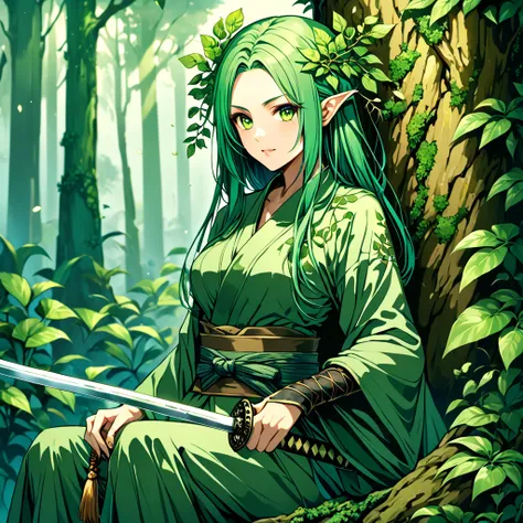 1girl, dryad, katana, 2 katana, tree suit, jungle, green suit, green hair, green eys, fantasy, upperbody, young girl, sitting