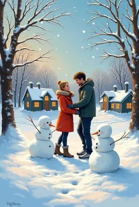 First Love Memories, In a snow covered park, a pair of lovers build snowmen and have snowball fights, their laughter and cheers filling the entire space. The background is snow covered trees and small houses. The painting style is warm, with white and blue...