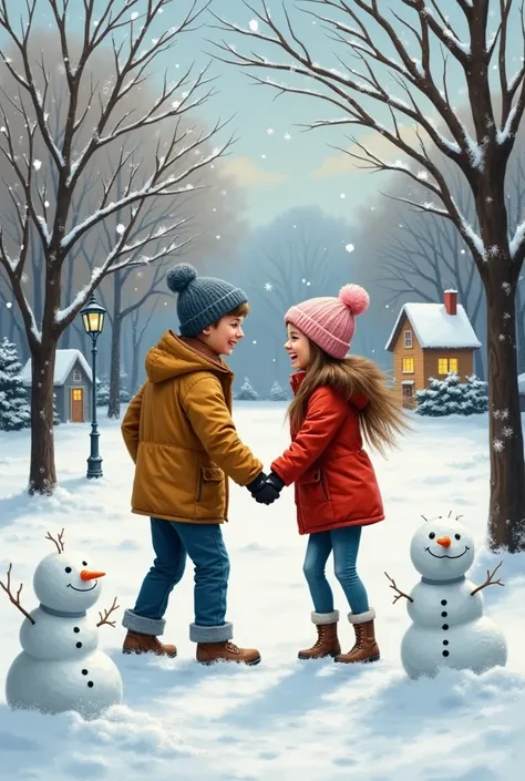 First Love Memories, In a snow covered park, a pair of lovers build snowmen and have snowball fights, their laughter and cheers filling the entire space. The background is snow covered trees and small houses. The painting style is warm, with white and blue...