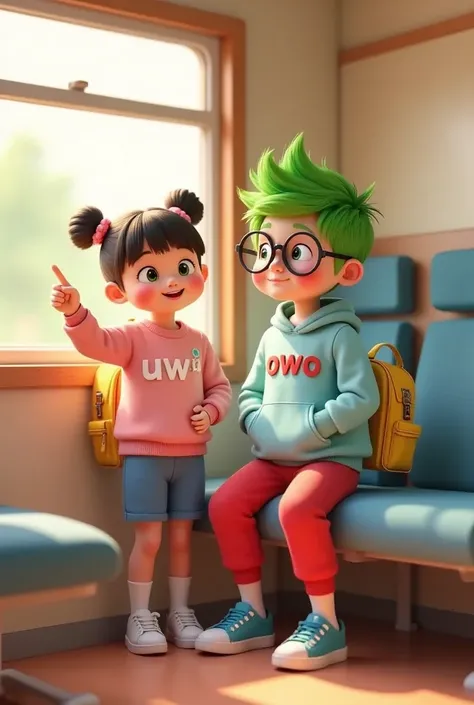 Berikut revisi prompt teks agar lebih jelas menggambarkan posisi duduk:

Prompt Teks:
A cozy and heartwarming scene inside a train, styled in 3D Pixar animation with a soft pastel color palette. Owo, a cute and nerdy  boy with bright green hair and big rou...