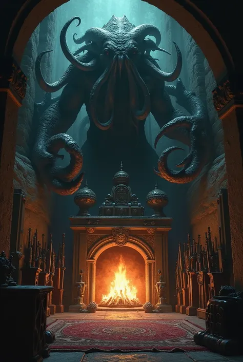 Create an image of a dark room with a dimensional portal with a cthulho and a fireplace and with a closet full of ranged and melee weapons