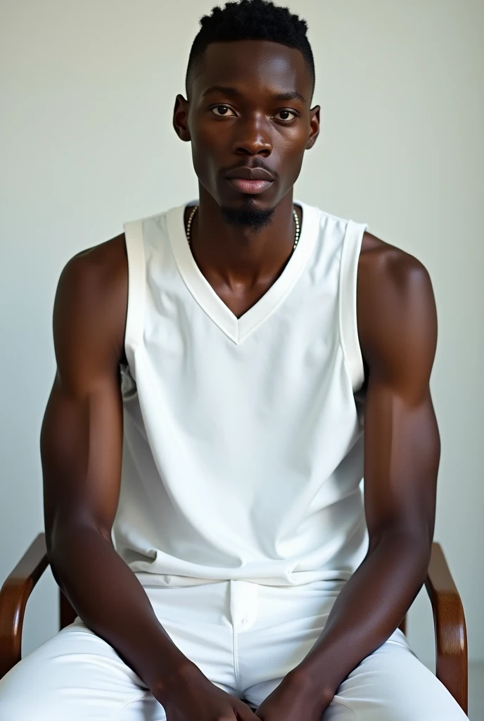 A black thin guy With fade cut sitting in a chair, White jersey, posing, looking at the camera