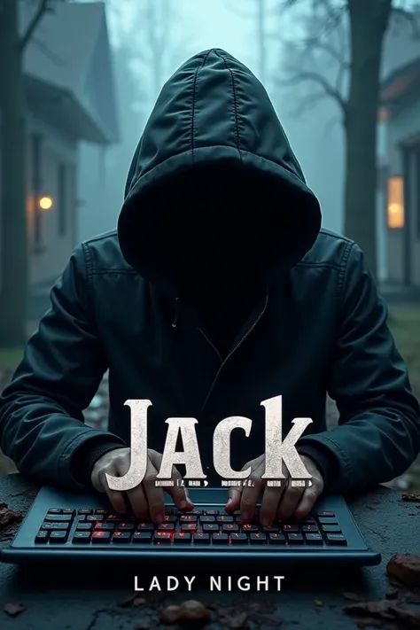 Create a book cover with the image of a covered computer hacker,  without showing the face, WITH THE TITLE "Jack - Duskwood" e o nome da Aturora de Lady Night 