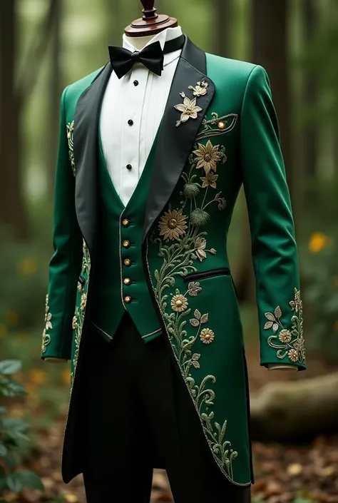 a mens tuxedo for a wedding inspired by forest fairies and the game Zelda and the Ocarina of Time, something like the clothing of the character Link