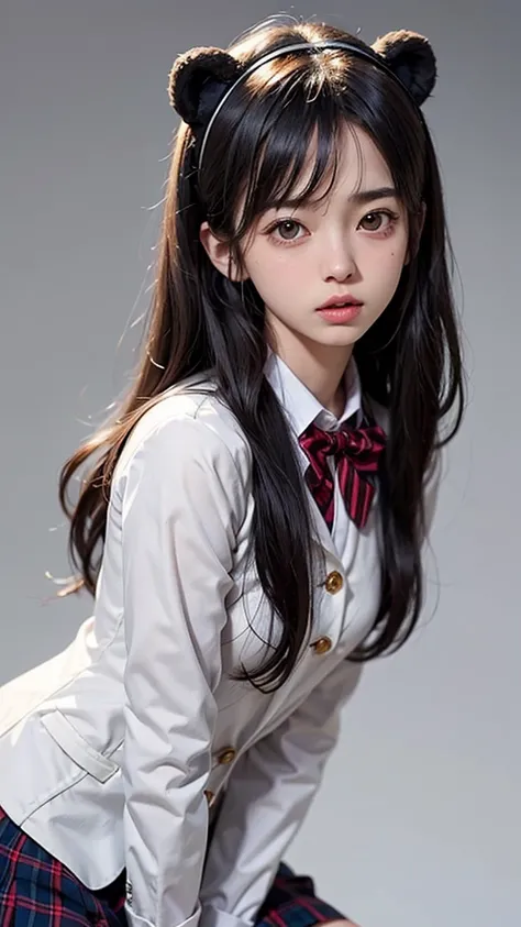  College Student , blazer school uniform. Enako. bear ears headband。Random Nudes, (Exhibitionism),  random exposure of genitals.  small breasts. Thin Hair。 on plain grey background。  black hair. Round face.  long hair on background。  cute, No Emotion,Disgu...