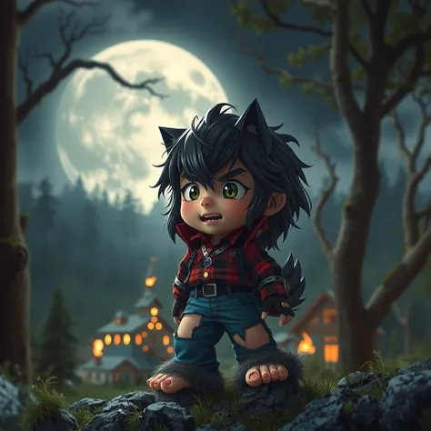 A chibi style werewolf, with a very big, hairy head with a shiny black snout and fierce teeth, the face has exaggerated features, the body is very small, His hair is shiny dark brown, torn blue pants where hair comes out and a torn plaid shirt, he has hair...