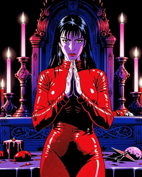 Prompt: Within a carbon black ambiance, A devoted cult servant standing before a ritual altar, dressed in a skintight, glossy red latex outfit that clings to her form, reflecting the light. Her hands are clasped in a reverent pose, and her face is half-lit...