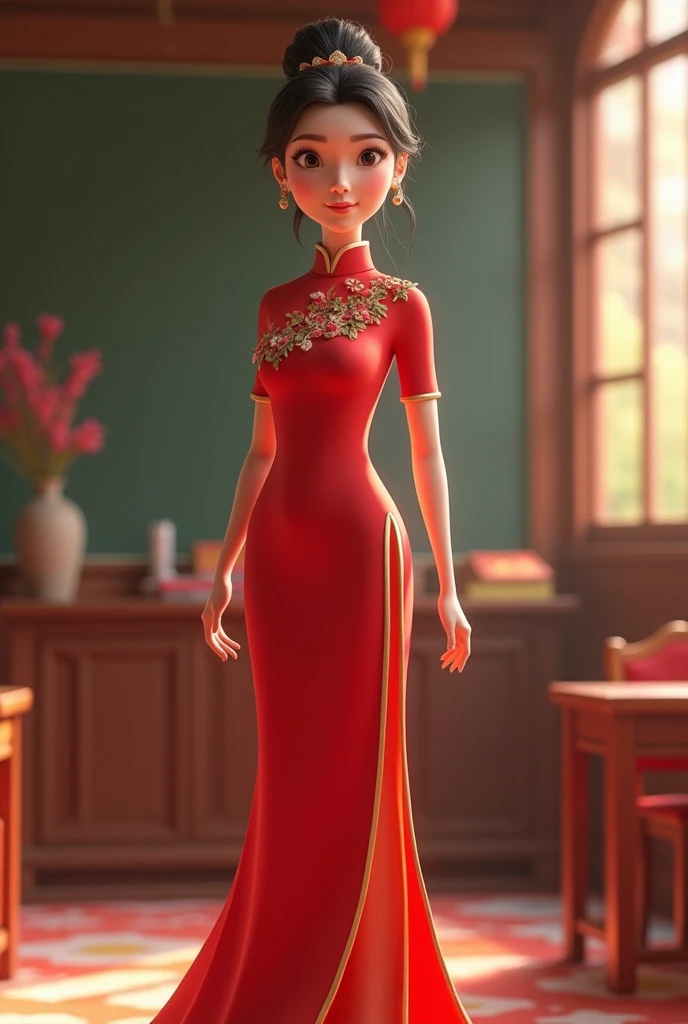 Teacher wears long vietnamese dress, 3d animation style