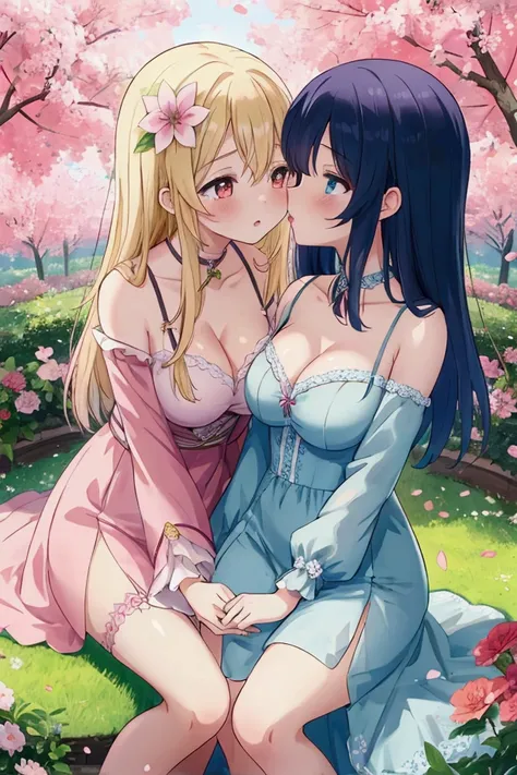 a beautiful anime girls,two girls sitting on the grass in a large flower garden, their breasts exposed, kissing passionately as petals flutter in the wind, ultra-detailed, 8k, extremely detailed, highly detailed, masterpiece, vibrant colors, soft lighting,...