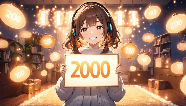 A celebration of reaching 700 subscribers on a YouTube channel. The scene features a cheerful 20-year-old girl with brown hair wearing headphones, surrounded by glowing lights (glowing:1.4) in a relaxing, cozy room. Shes holding a sign that reads 700 Subsc...