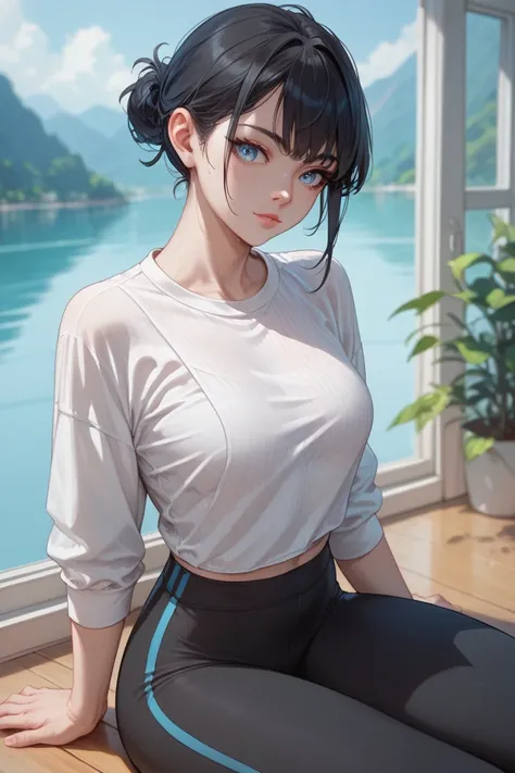 Anime girl, black hair, ice blue eyes, pale skin, black yoga pants, white knitted shirt, sitting