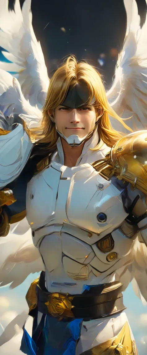 Score_9,score_8_up,score_7_up, masterpiece, angemon, male focus, solo, 1boy, long hair, blonde hair, covered eyes, helmet, evil smile, wings, standing, simple background,