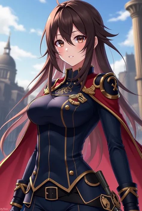 Brown Haired and Black eyes Anime Swordswoman with Government uniform with authorative look from Genshin Impact