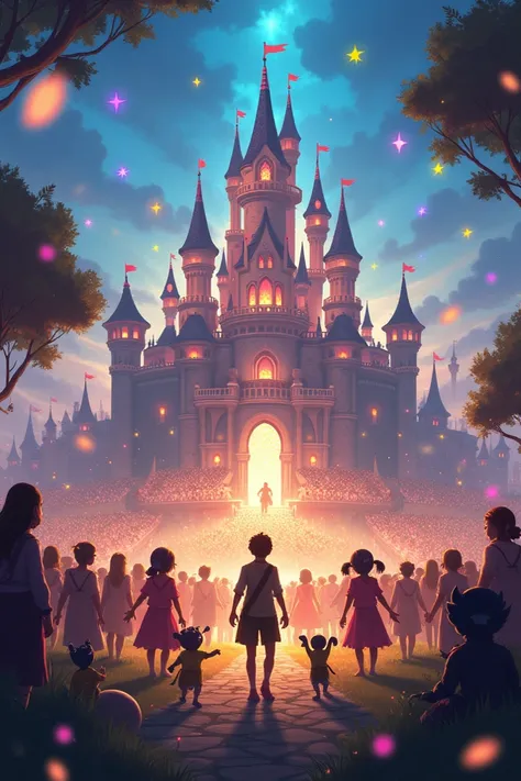  A magical kingdom at party ,  with enchanted creatures of all shapes and sizes dancing and celebrating on a vast field surrounding a brilliant castle.  The scene is illuminated by magical floating lights , And the young adventurer ,  along with his compan...