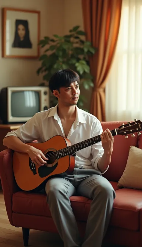 A handsome man with a well-proportioned body, wearing a school uniform, white short-sleeved shirt, gray trousers, sitting on a retro-style sofa in the living room while holding a guitar, against the background of a vintage living room with classic decorati...