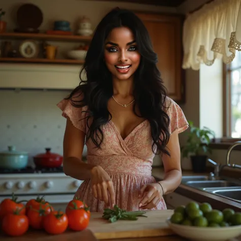 (best quality,4k,8k,highres,masterpiece:1.2),ultra-detailed, 1woman, Mexican goddess, middle aged housewife, long black hair, light brown skin, In her 40s,  40 year old woman, wearing 1950s house dress, working in the kitchen, fixing a meal, smiling at vie...