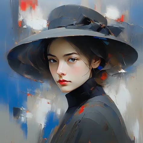 Finest grade, smooth tone, oil painting, forward-facing, center, smooth texture, smooth sfumato technique, the atmosphere of the painting is relaxed, blurred abstracted shapes, indirect light only on the face, front, forward-facing, melancholy mood one gir...