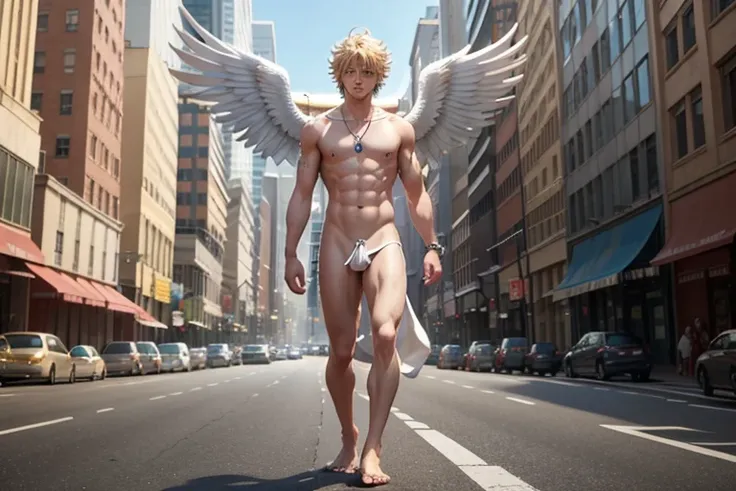 anime,1boy,angel,angel wings,giant,36 meter tall,dogeza on the road in the city,necklace,barefoot,shirtless,open eyes,naked,nude