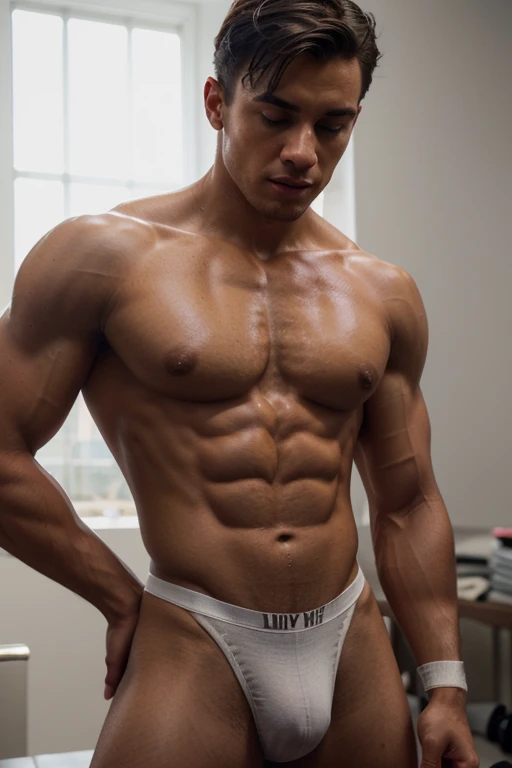 gay man bodybuilder,s, Young man, perfect face, beautiful, Lean body, but in highly detailed, Instagram Template, (slavery,shoulder strap, roupa de slavery), lean on at the gym,completely body, wear white socks kissing his shortslim boyfriend, showing very...