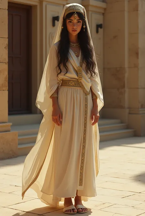  Beautiful realistic Egyptian girl wearing Egyptian wig,  traditional Egyptian clothing  ( skirt that reaches above the knee ) and white slippers  