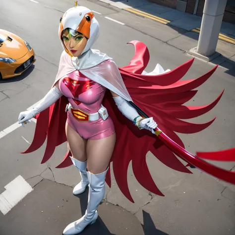 ANI_CLASSIC_jun_gatchaman_ownwaifu,1girl, ,good anatomy, masterpiece, best quality,realistic, hyperrealistic, 16k hdr, long hair,breasts,green eyes,lips,large breasts,lipstick,makeup,gloves,cape,helmet,belt,elbow gloves,white gloves,mask,white tight overkn...