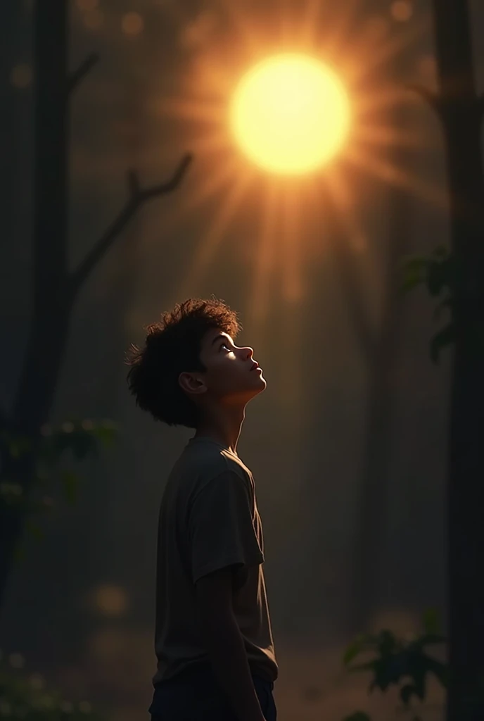 "A 18 years old boy standing in a dimly lit environment with a dark atmosphere surrounding him. The boy gazes upward toward a bright, radiant sun directly overhead, casting dramatic light and shadows. The sunlight illuminates his face and figure, creating ...