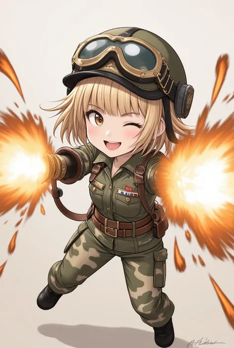 chibi pretty woman, holding two grenade launchers and firing them, blonde, blunt bangs, grin, camouflage colored military uniform, helmet, manga illustration art, ultra detailed, absolutely resolution, masterpiece