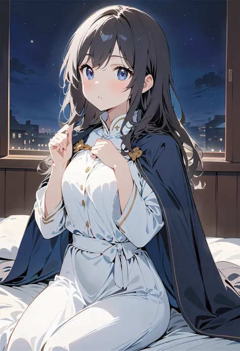 1 girl, full body portrait, long hair,black hair , blue-black eyes , sit on the bed,night, White Robe , black cape, show your legs , showing arms , Sabre ,Mature charm, cute