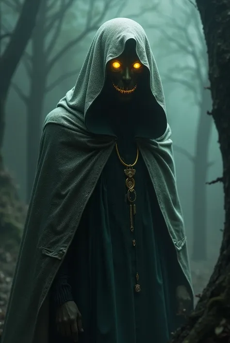 Prizark, hood and cloak, eyes glow bright golden color