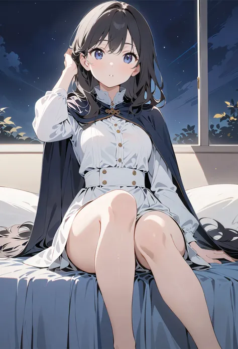 1 girl, full body portrait, long hair,black hair , blue-black eyes , sit on the bed,night, White Robe , black cape, show your legs , showing arms , Sabre ,Mature charm, cute