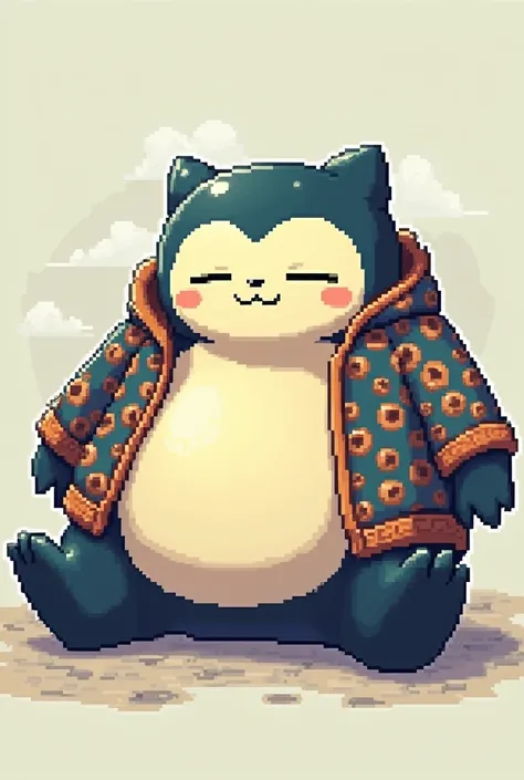 Draw a snorlax wearing a jacket with the Kakuna design in pixel art style