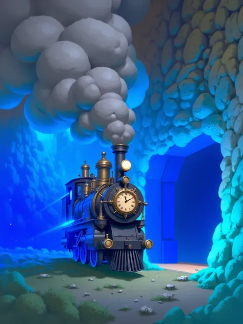  a steam train coming out of a portal . The train has a clock on the front .  the portal from which it comes out is magical and shines brightly.