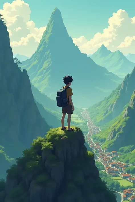 The grown boy, walking to the highest peak with fatigue, looked down and found his village small, begging for a ghibli cartoon-shaped model.