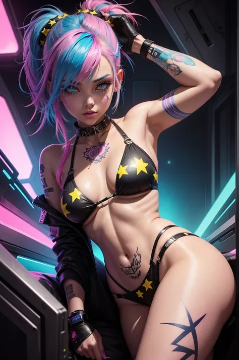 Black Light Art,Girl with Colored Hair,Yellow, Pink and Blue Bikini,Colorful Stars,Pink Tattoo,Close Up,Cyberpunk Fantasy