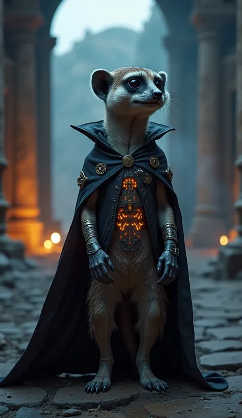 Create 32k Ultra-realistic, 200% mutated hybrid fusion of a Meerkat, Shadow Assassin aura, and a warrior Doctor Strange form, set in an ancient, mystical temple under a twilight sky. The creature has the small, agile body of a meerkat, its fur sleek with d...