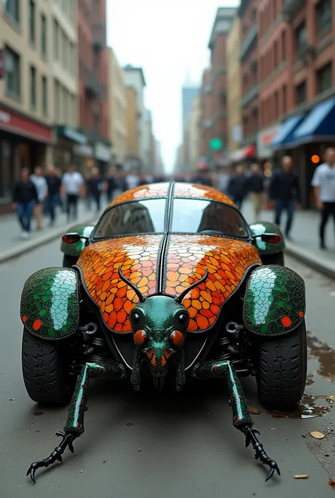 
Hyperrealistic photo of a Beetle vehicle made entirely of real colored beetles exposed on a street.