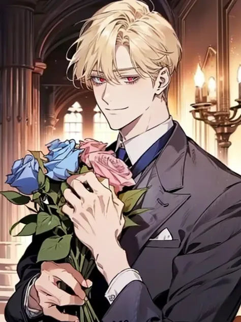 Solo, anime drawing of a man with blonde hair and red eyes, clean anime outlines, praying posture, side part bangs, medium hair length, anime portrait of a handsome man, male anime style, smirk facial. Holding a bouquet of blue roses.

